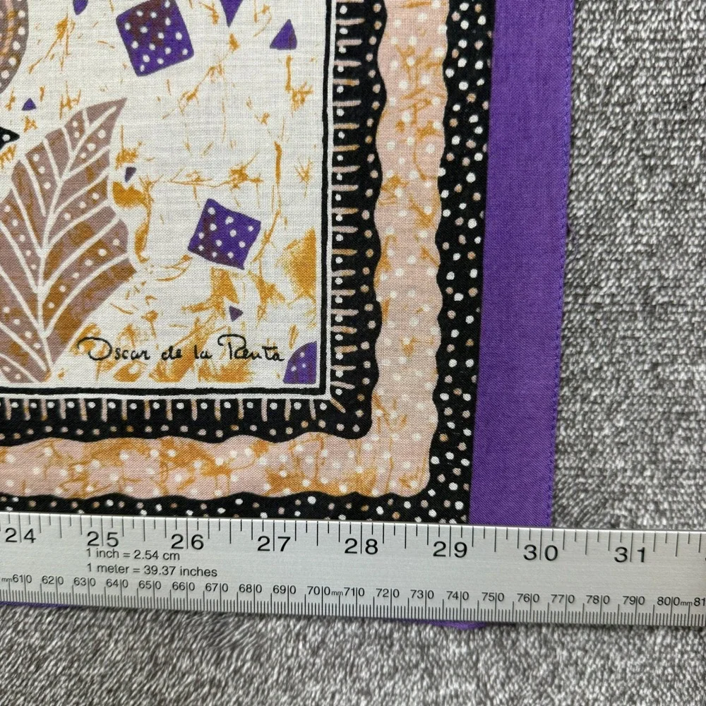 Oscar de la Renta Vintage Silk Scarf Purple Floral Batik Print Square Large 30in